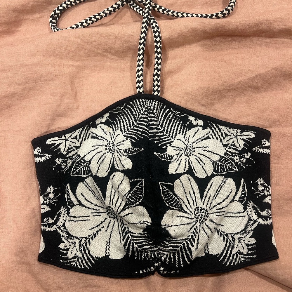 Farm Rio Macaw Black and White Floral Halter Top